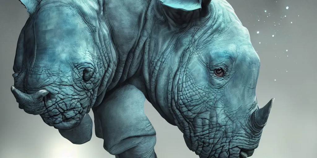 Prompt: hyperrealistic mixed media portrait of a blue Rhinoceros wearing paladin armor, forward angle, stunning 3d render inspired art by P. Craig Russell and Barry Windsor-Smith + perfect facial symmetry + dim volumetric lighting, 8k octane beautifully detailed render, post-processing, extremely hyperdetailed, intricate complexity, epic composition, grim yet sparkling atmosphere, cinematic lighting + masterpiece, trending on artstation