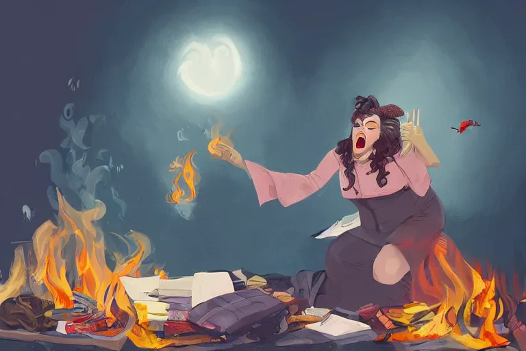 Image similar to a crazy opera singer hurries up to pack daughter's things in suitcase, surrounded with fire, clothes are flying around in room, digital art, trending on artstation