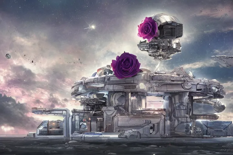Image similar to A outside view of abandoned magnetic rose space station in shape of rose in the deep space, Trending on artstation.