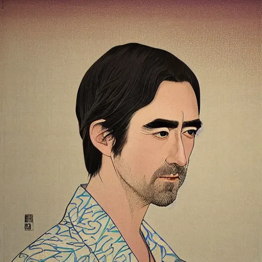 Image similar to “ lee pace portrait by ikenaga yasunari and ayana otake and ko rakusui, 6 0 s poster, drawing, realistic, sharp focus, japanese, dreamy, nostalgia, faded, golden hues, floral clothes ”