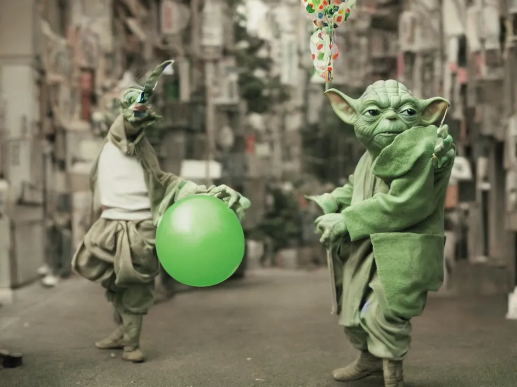 Image similar to a photo of yoda holding a green balloon in the tokyo suburbs by wes anderson, highly detailed, trending on artstation