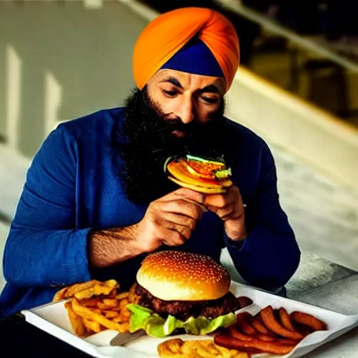 Image similar to sikh eating burger, still from dragonballz style