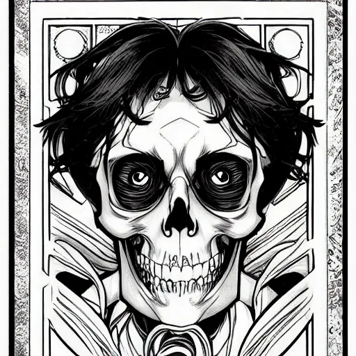 Image similar to anime manga skull portrait face skeleton illustration style by Alphonse Mucha and Jim Lee comic pop art nouveau