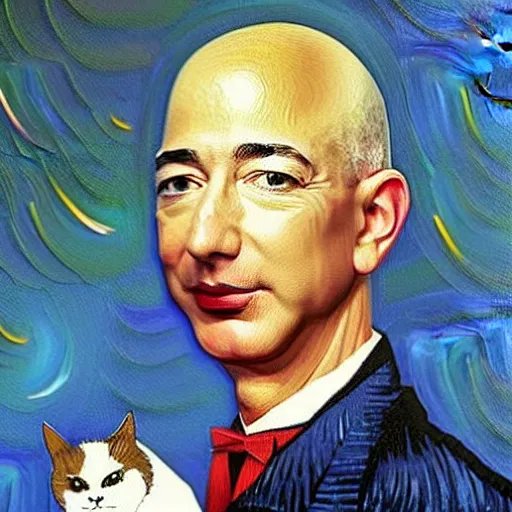 Image similar to a beautiful oil painting of jeff bezos holding a cat, 8k , award winning , made in 1800's , old , painted by vincent van gogh