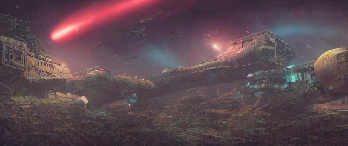 Prompt: lone industrial!!! spaceship!!, deep space exploration!!!, flying, ridley scott universe, the final frontier, illustrative!!, punk, space pirate, painterly, hyperdetailed, hyperrealistic, utilitarian cargo ship, cinematic lighting, 4k, wide angle, beksinski, (neon colors)