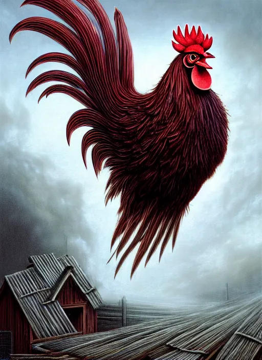 Image similar to realistic detailed image of a rooster feather blowing in an angry and stormy chicken coop, anime art, anime, inspired by H.R. Giger and Zdzislaw Beksinski and Mark Ryden, gothic, rich deep colors. A masterpiece, matte painting, digital art, trending on artstation.