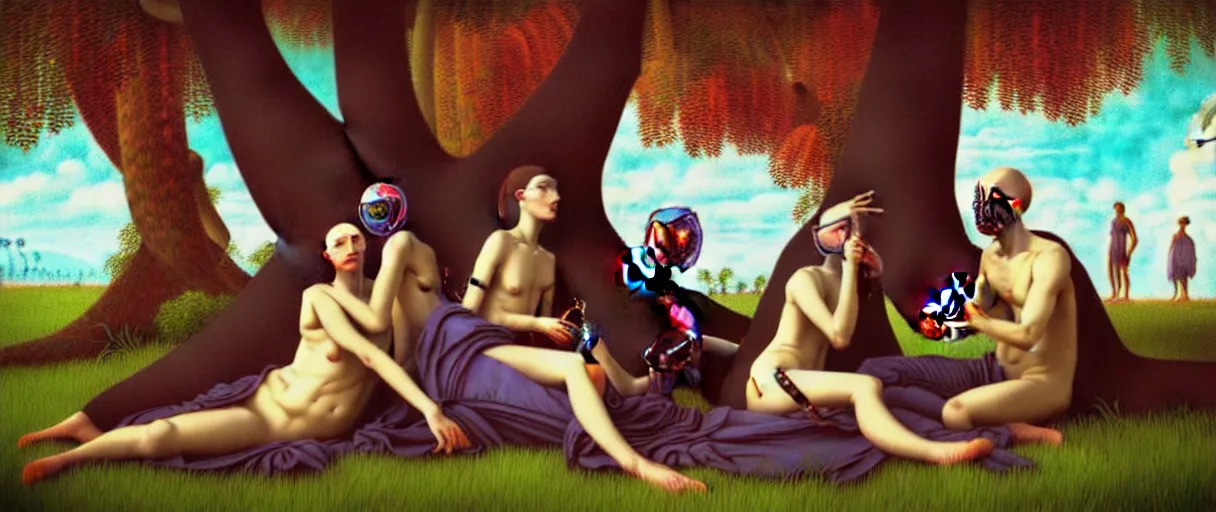 Prompt: minimalist hyperdetailed photorealistic cyborgs under a big tree, eating interesting elaborate fruits, with simple clothing. in the style of Caravaggio and Paul Gauguin, with liberty cyberpunk and flemish baroque mixed media elements. beautiful! hyperrealistic soft pastel tones. matte background HD 8x