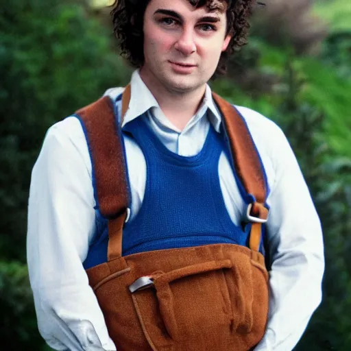 Prompt: close up headshot of a frowning clean shaven pudgy British lad with short curly dark brown hair as a hobbit wearing a white men's crossbody sling chest bag and blue vest, blue vest!! white crossbody chestbag!! high resolution film still, by Pamela Hanson