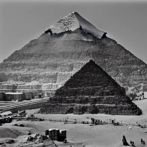 Prompt: a photograph of the great pyramid of giza at the early stages of construction with heavy scaffolding in place, the top of the pyramid has yet to be built, dslr high resolution