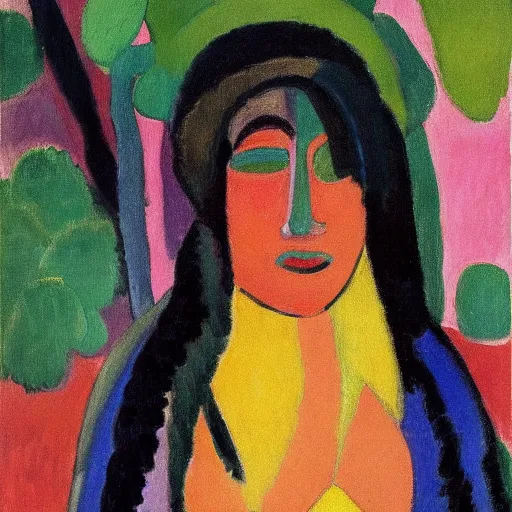 Prompt: painting of, young native american woman, full clothes on, in a jungle, by alexej von jawlensky