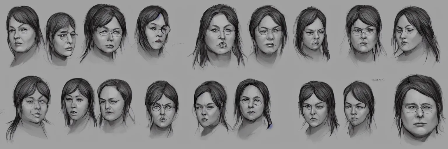 Image similar to female character face study of bill hicks, fat woman, smoking, clear faces, emotional, character sheet, fine details, concept design, contrast, kim jung gi, pixar and da vinci, trending on artstation, 8 k, 3 6 0 head, turnaround, front view, back view, ultra wide angle