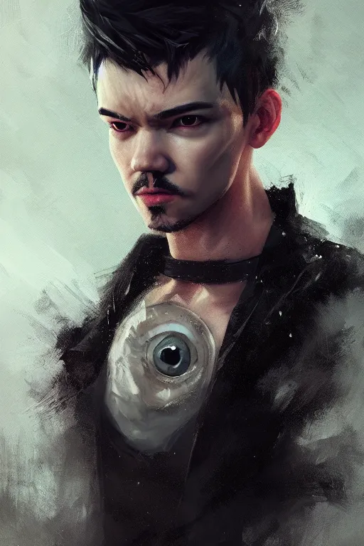 Image similar to A fancy portrait of jacksepticeye by Greg Rutkowski, Sung Choi, Mitchell Mohrhauser, Maciej Kuciara, Johnson Ting, Maxim Verehin, Peter Konig, devil may cry, 8k photorealistic, cinematic lighting, HD, high details, dramatic, dark atmosphere, trending on artstation