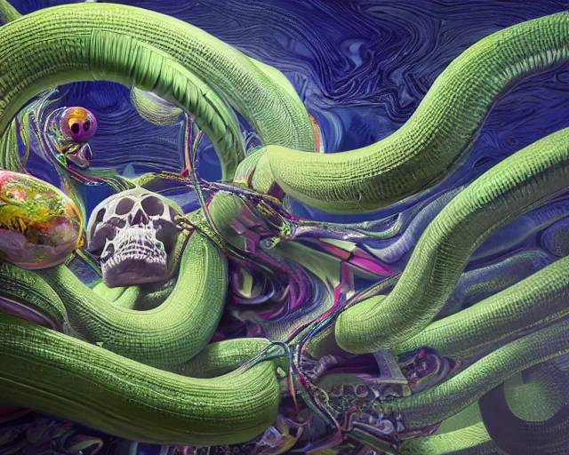 Image similar to hyperdetailed maximalist artwork by billelis inspired by oozium. Artstation. 8k 4k 64megapixels seen from below. Ant's eye perspective. Focus Giant floating alabaster skull drapped over with 1000 twirling emerald snakes. Unreal engine 5. Surreal render. Slightly blurry speedpainted minimal Swiss landscape below in the style of loish and holosomnia. Unrealistic harmonic colors. Sundown.