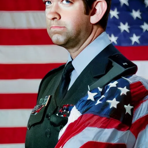 Image similar to john krasinski saluting a bald eagle, portrait, beautiful, patriotic, perfect face, spontaneous portrait, sharp focus, octane