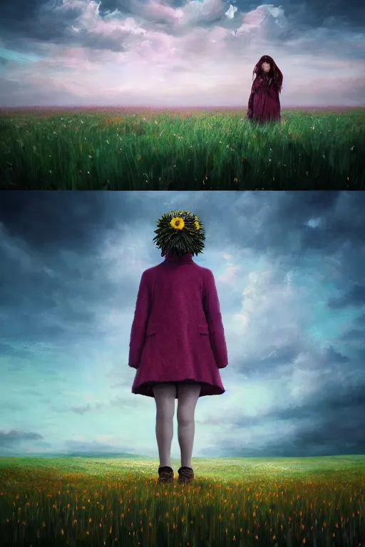 Image similar to portrait, enormous daisy flower head, a girl wearing coat in heather field, surreal photography, wind and cold, dramatic sky, impressionist painting, digital painting, artstation, simon stalenhag