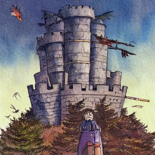 Image similar to laputa castle in the sky robot hayao miyazaki stands in a small clearing among trees, watercolor illustration for a book