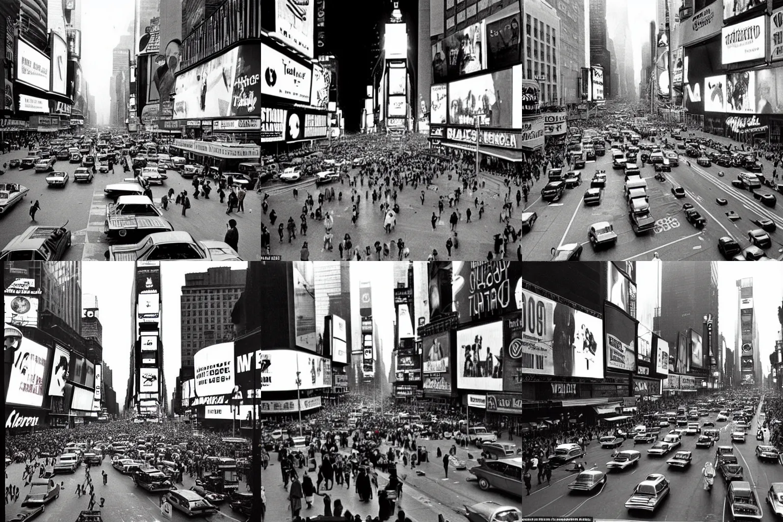 Prompt: Times Square 1974, crowded, nightmare photograph bustling with people, dirty streets, cabs