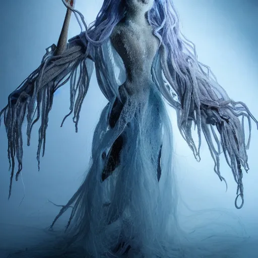 Prompt: ethereal spectral live action muppet ghost like figure with a parasitic squid head taking over its own with four long tentacles for arms that flow gracefully at its sides like a cloak, it has a mermaid like body with a snake tail instead of legs, it stalks around frozen forests searching for lost souls to consume, hides in the shadows of trees, this character uses hydrokinesis and electrokinesis, it is a real muppet by sesame street, photo realistic, real, realistic, felt, stopmotion, photography, sesame street, monsters inc pixar