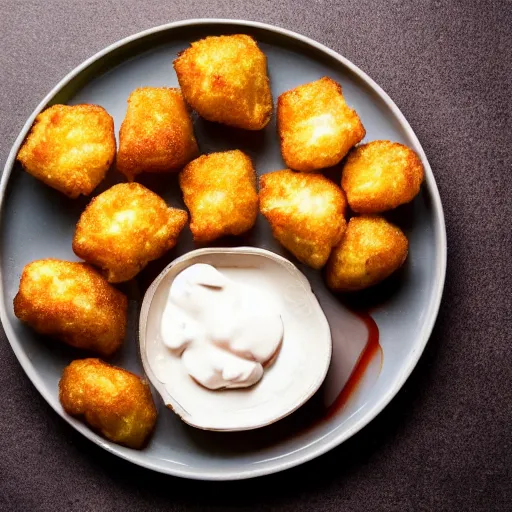 Image similar to food photo of channing tatum's face as giant tater tot on a plate with ketchup