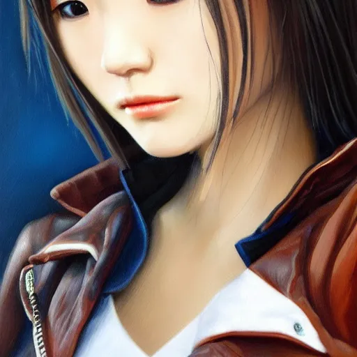 Image similar to perfect, realistic oil painting of close-up japanese young woman wearing leather jacket, in Perfect World mmorpg