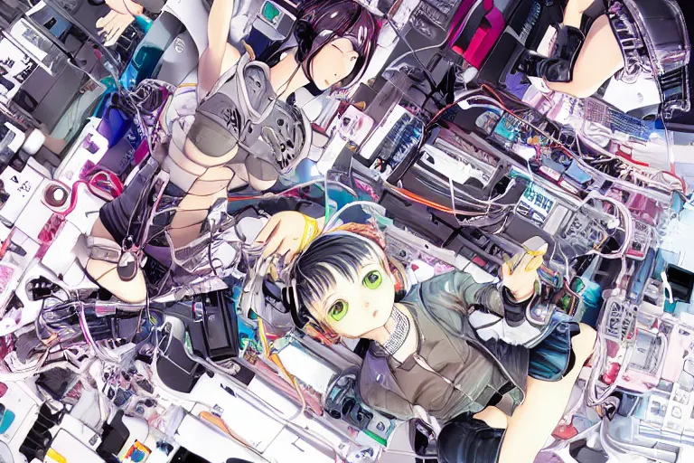 Image similar to cyberpunk anime illustration of a group of female android dolls lying in various poses over an spacious, empty white floor background with their bodies open showing wires and cables coming out, by katsuhiro otomo and masamune shirow, hyper-detailed, colorful, beautiful, bird view