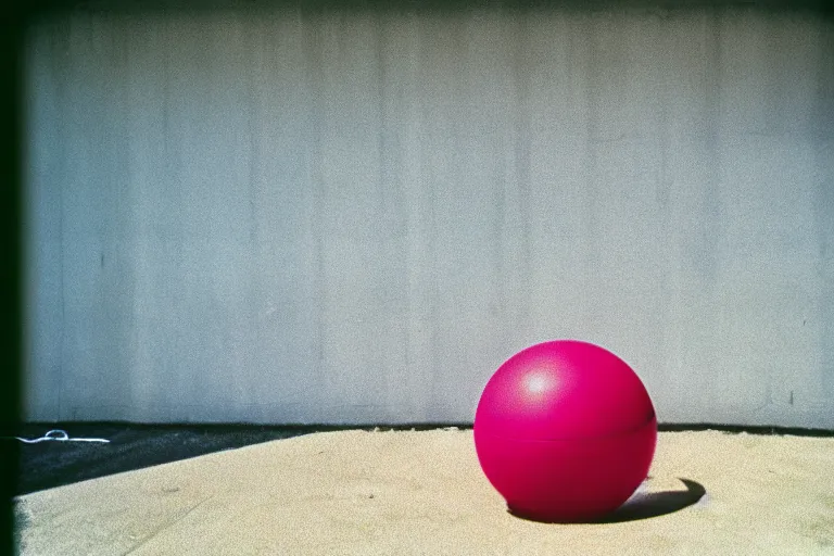 Image similar to beach ball, inside of an badly lit 1970s parking garage, ektachrome photograph, volumetric lighting, f8 aperture, cinematic Eastman 5384 film