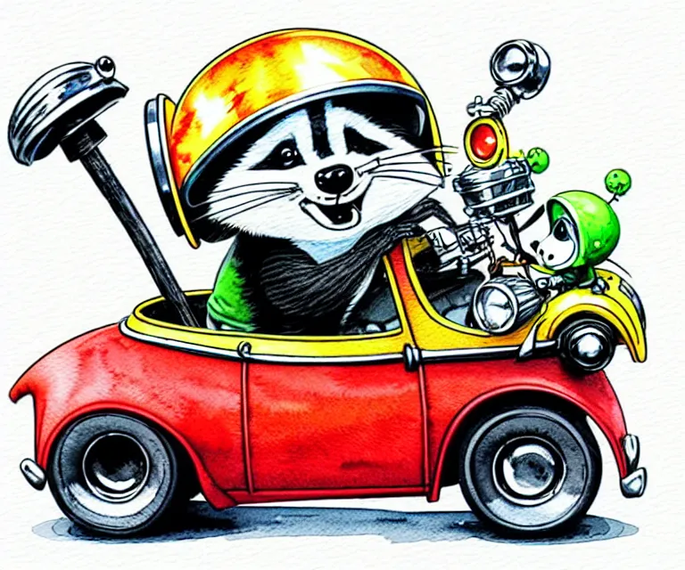 Image similar to cute and funny, racoon wearing a helmet riding in a tiny miniature little hot rod coupe with oversized engine, ratfink style by ed roth, centered award winning watercolor pen illustration, isometric illustration by chihiro iwasaki, edited by range murata