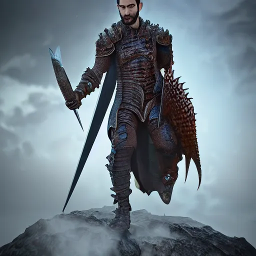 Image similar to Tom Ellis as a dragonslayer, digital art, highly detailed, award winning, concept art, intricate, sharp focus, masterpiece, Trending on Artstation HQ, unreal engine 5, 4K UHD image