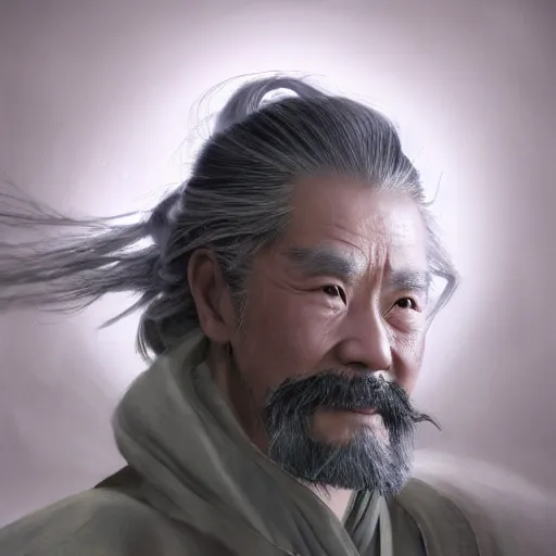 Image similar to portrait painting of a 6 0 year old kind handsome taoist priest, big eyes, deep silhouette ， silver ponytail hair, amiable by yangjun chen, huang guangjian, fenghua zhong, wenjun lin, nadar, bright colors, octopath traveler, unreal engine 5 highly rendered, global illumination, radiant light, detailed and intricate environment