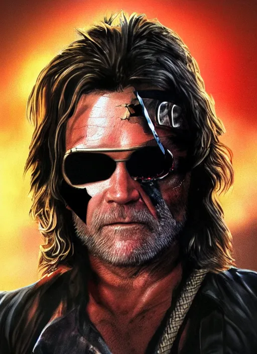 Image similar to Kurt Russell as Snake Plissken Escape From New York, Movie Inspired, black Eye patch over left eye, mixed media, Trending artstation, digital Art