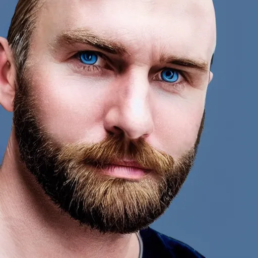 Prompt: photograph of a blond male, middle aged balding superhero, with dark blue eyes, very pale skin and a blond full beard