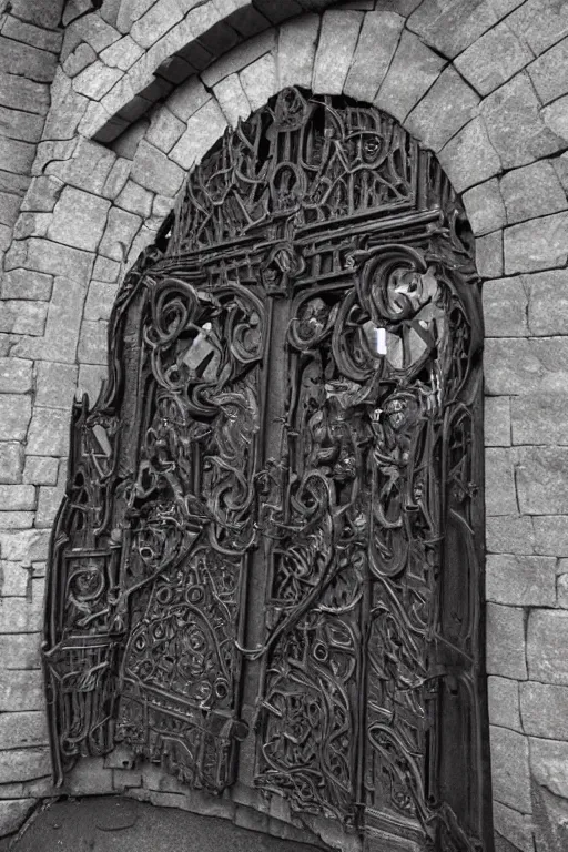 Image similar to a portal gate to hell malde of cast iron. hyper - detailed. ominous shapes. epic. sinister. medieval