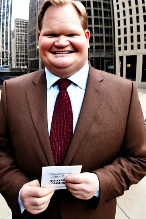 Image similar to andy richter wearing a brown suit and necktie, ultra hd photo, 3 5 mm close up, fish eye, realistic, smiling, standing in the streets of chicago, holding a postcard from chicago