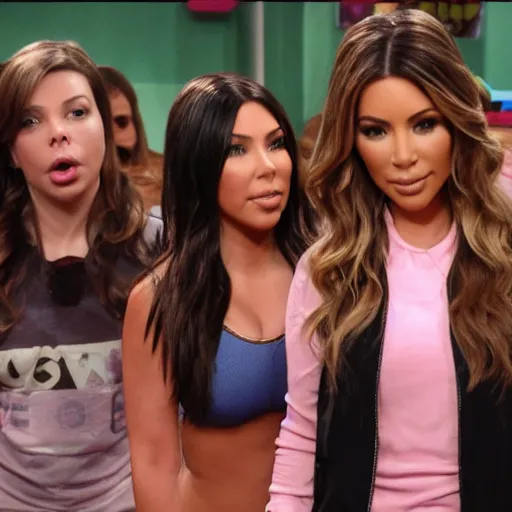 Image similar to Icarly with kim kardashian as Carly, 8k full HD photo, cinematic lighting, anatomically correct, oscar award winning, action filled, correct eye placement,