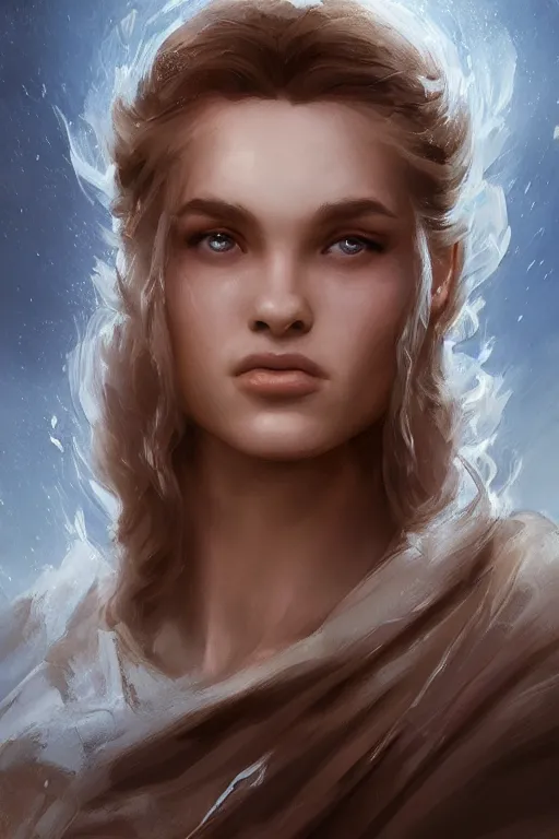 Prompt: princess of eternal beauty and grace, face portrait, raphael lacoste, eddie mendoza, alex ross, concept art, matte painting, highly detailed, rule of thirds, dynamic lighting, cinematic, detailed, denoised, centerd