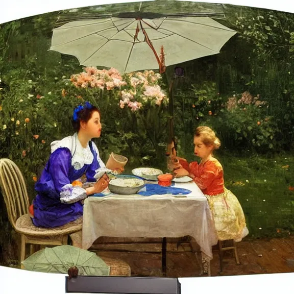 Image similar to a housewife and her daughter putting dishes on a table in the backyard, a tilted parasol sits above the table, a garden with colorful flowers in the background, rainy scene, 1 9 5 0's, medium symmetry, by ilya repin, extreme detail, 8 k, intricate abstract, photorealistic