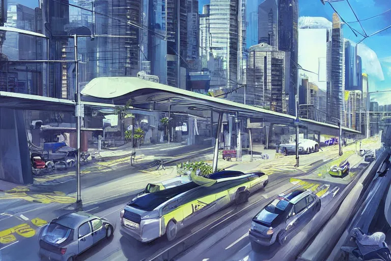 Image similar to “Streetview of a clean modern Metro Manila, good public transport, concept art, artstation”