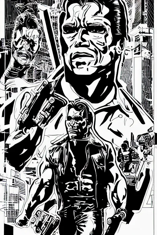 Image similar to arnold schwarzenegger as the terminator, a page from cyberpunk 2 0 2 0, style of paolo parente, style of mike jackson, adam smasher, johnny silverhand, 1 9 9 0 s comic book style, white background, ink drawing, black and white, colouring pages