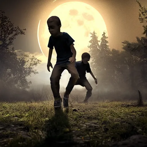 Image similar to two boys are escaping from the horde of zombies, volumetric lighting, moon light, hyperrealistic, beautiful details, HDR, octane render, action shot, wide angle, horror theme, cinematic,