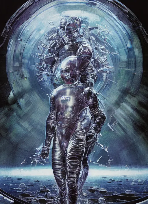 Image similar to astronauts in dark and empty void underwater - complex and hyperdetailed technical suit. reflection and dispersion materials. rays and dispersion of light. volumetric light. 5 0 mm, f / 3 2. noise film photo. flash photography. ultra realistic, wide angle. poster by wayne barlowe, hajime sorayama aaron horkey, craig mullins