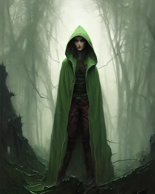 Prompt: portrait Green hooded jacket coat Beefy muscular fit Hunter elf, long-haired By greg rutkowski, tom bagshaw, beksinski