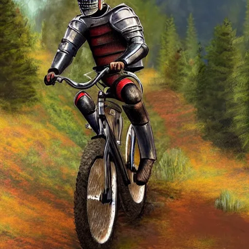 Image similar to a medieval knight riding a mountain bike in photorealistic style
