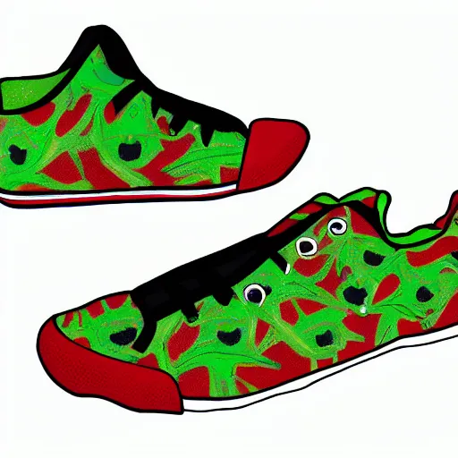 Prompt: green frog, red sneakers on each paw, tropical forest, photorealistic