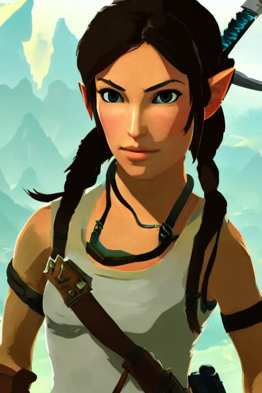 Image similar to an in game portrait of lara croft from the legend of zelda breath of the wild, breath of the wild art style.