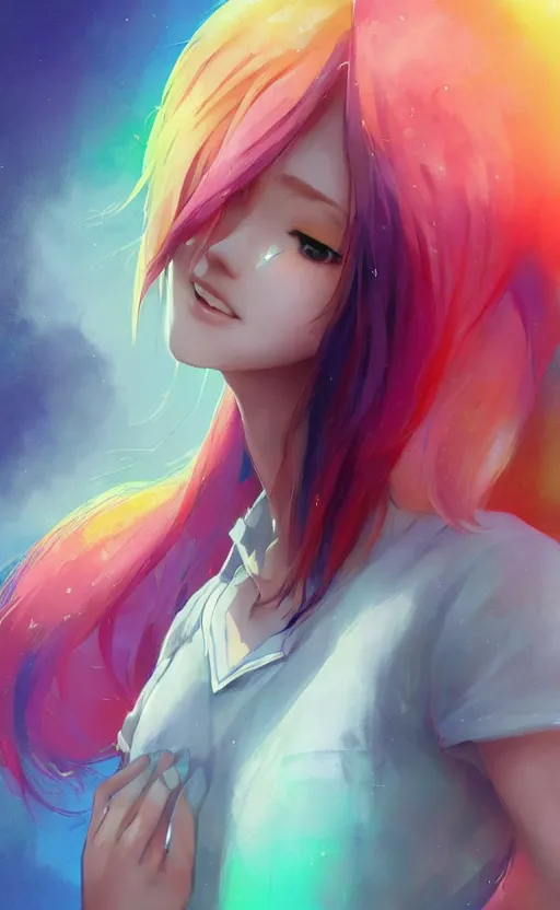 Prompt: a kawaii woman with rainbow hair, happy, summer time, soft eyes and narrow chin, dainty figure, long hair straight down, kawaii shirt and jeans, basic white background, In style of by Jordan Grimmer and greg rutkowski, crisp lines and color