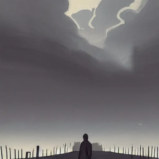 Prompt: a dystopian matte painting of a scared man standing in front of a fence with barbed wire, clouded sky by emiliano ponzi, james gilleard, george ault, david hockney, atey ghailan, albert namatjira, marius borgeaud, minimalist, bauhaus, retrofuturism, concept art, matte background, matte drawing, generative art