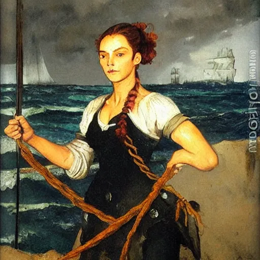 Image similar to a female pirate from avatar, painting by courbet