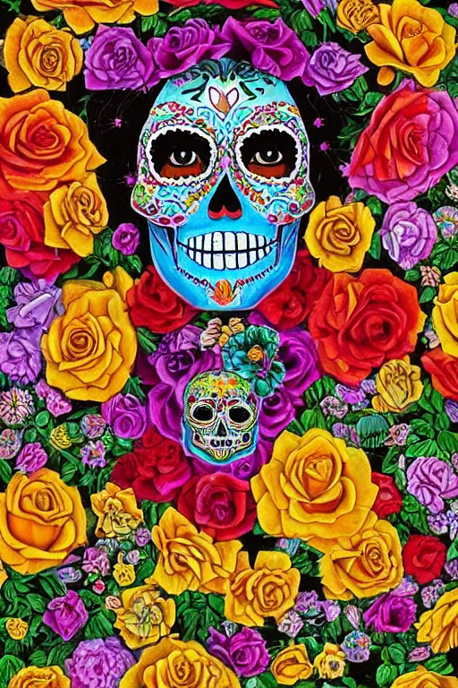 Prompt: illustration of a sugar skull day of the dead girl, art by raqib shaw