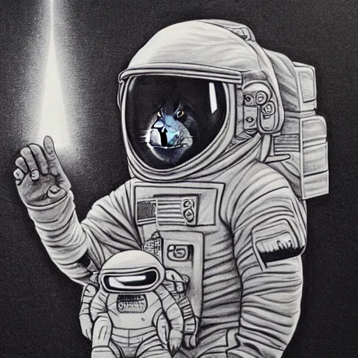 Image similar to pencil art, portait, highly detailed, epic, astronaut monkey holding hands with astronaut.