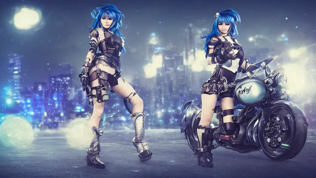 Image similar to cosplay blue haired, solo female character, light armour, miniskirt, riding steampunk motorcycle, in fantasy sci - fi city, night time, city lights, motion blur, final fantasy, cinematic, realistic, stylised, unreal engine, lumen, realistic, artgerm